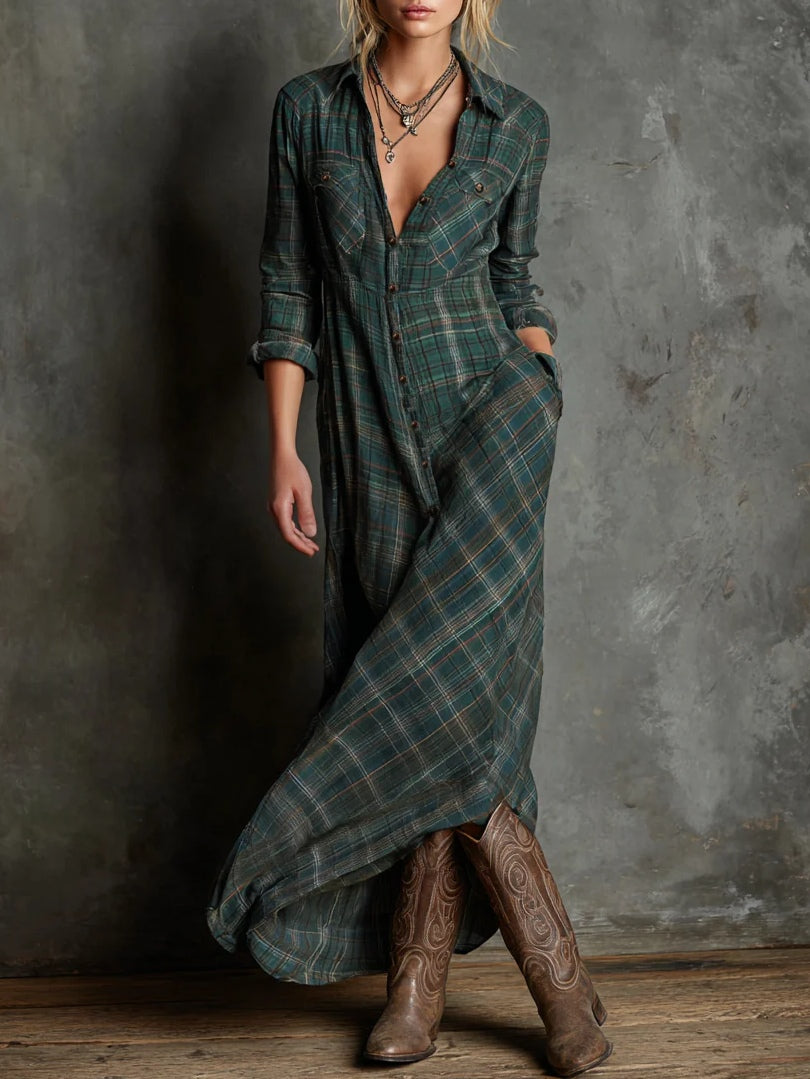 Abito camicia lungo donna a quadri con bottoni frontali
