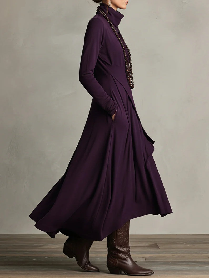 Abito lungo donna drappeggiato con collo alto e design asimmetrico