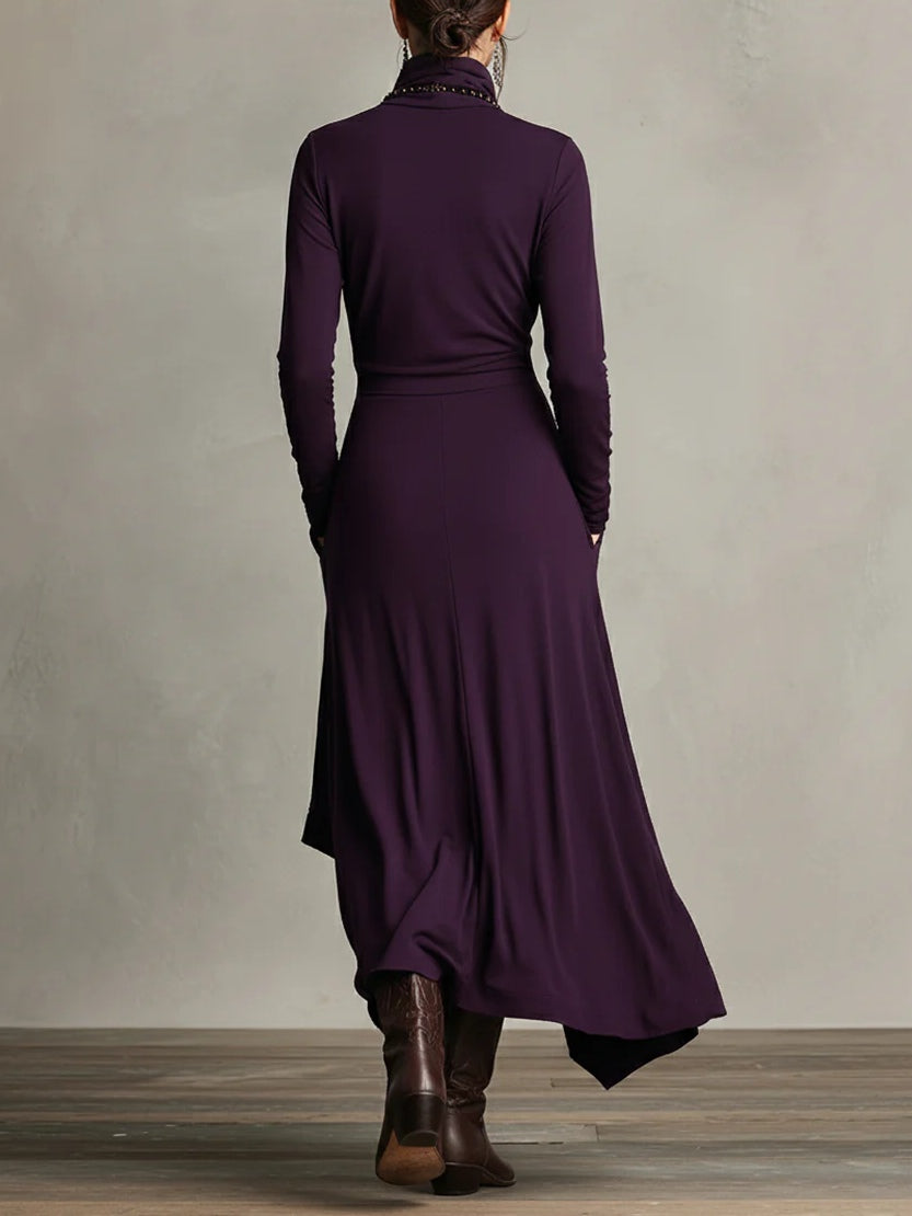 Abito lungo donna drappeggiato con collo alto e design asimmetrico