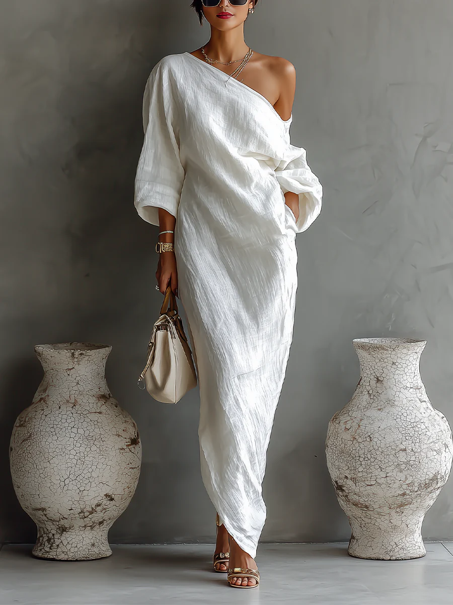 Abito maxi donna monospalla elegante con linea fluida