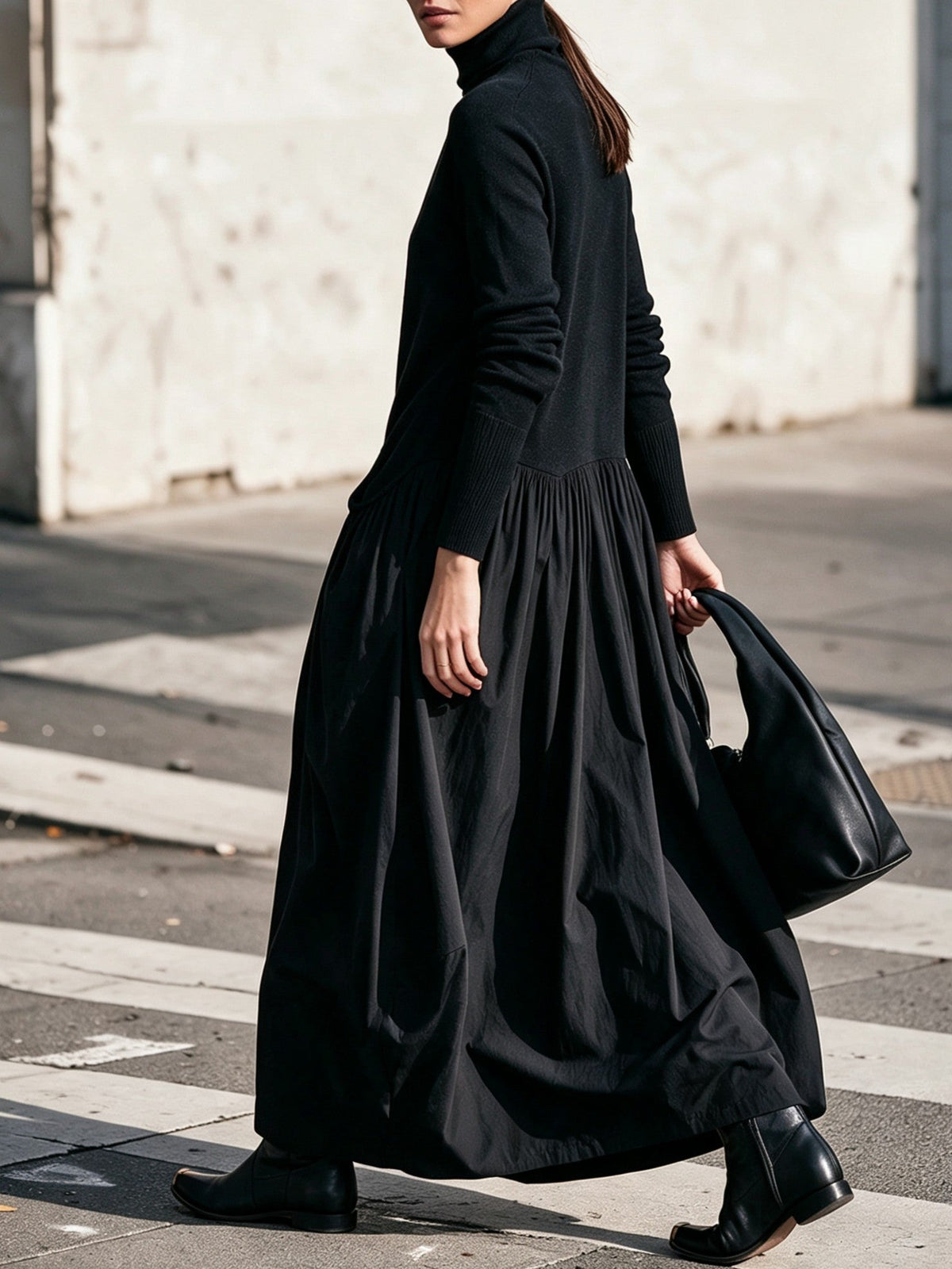 Abito lungo donna oversize con collo alto e tasche applicate