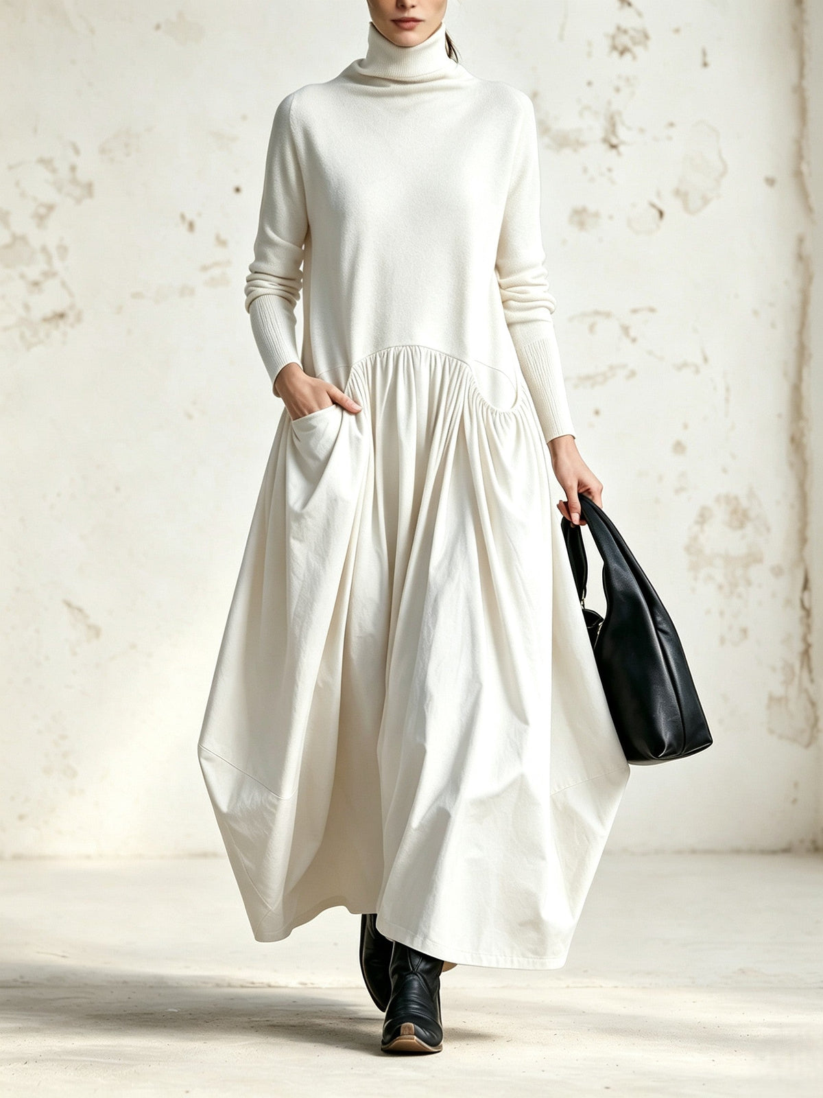 Abito lungo donna oversize con collo alto e tasche applicate