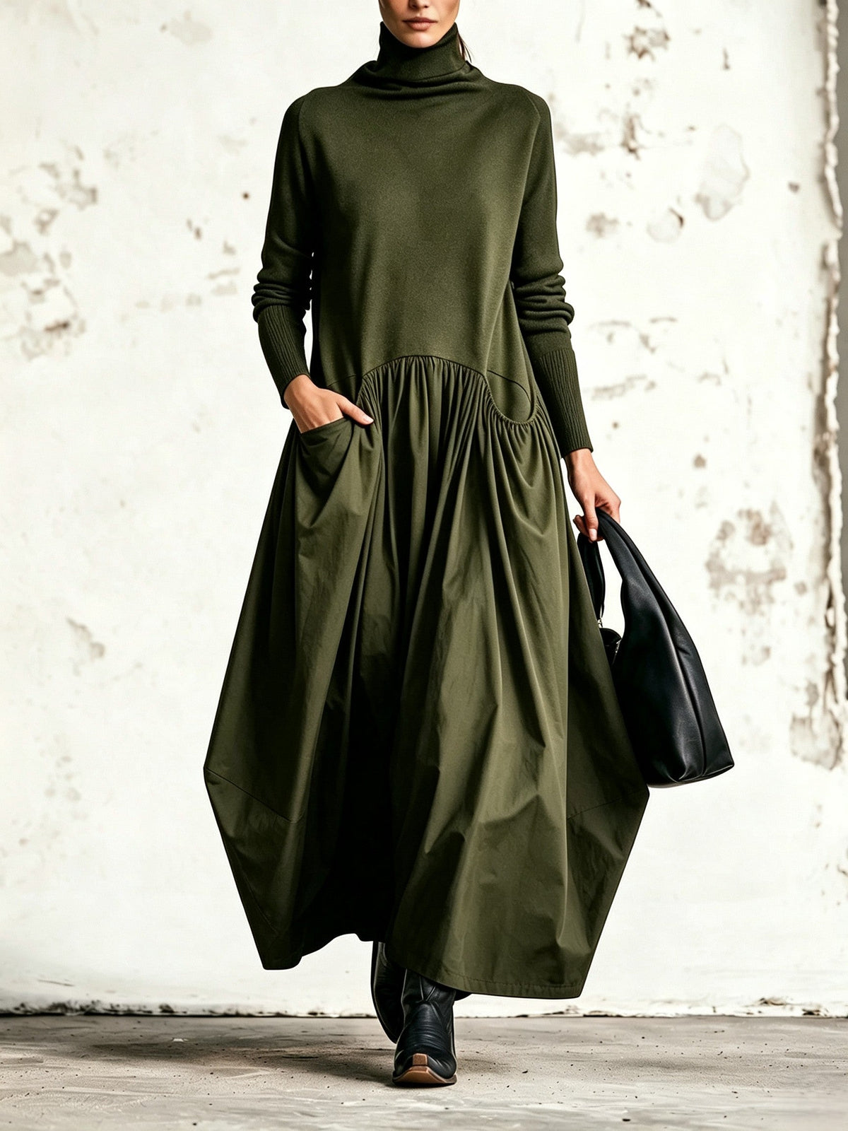 Abito lungo donna oversize con collo alto e tasche applicate