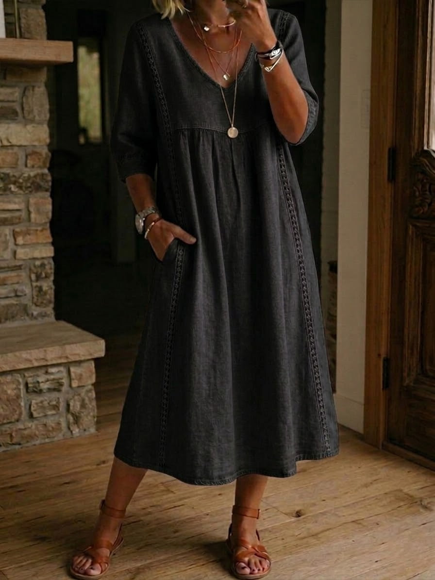 Abito midi donna in cotone lino con pizzo e tasche
