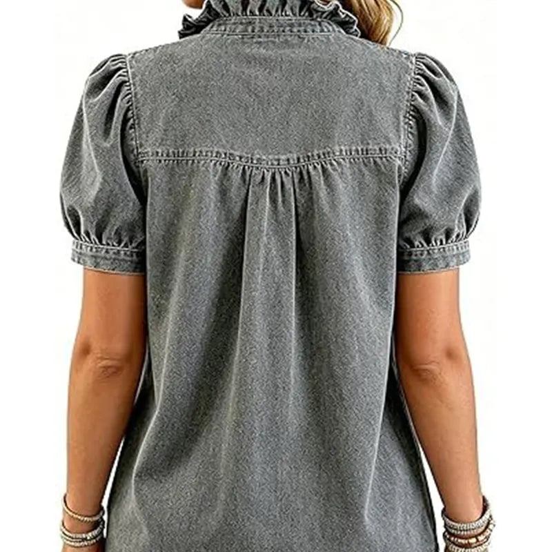 Top donna in denim con volant e maniche a sbuffo