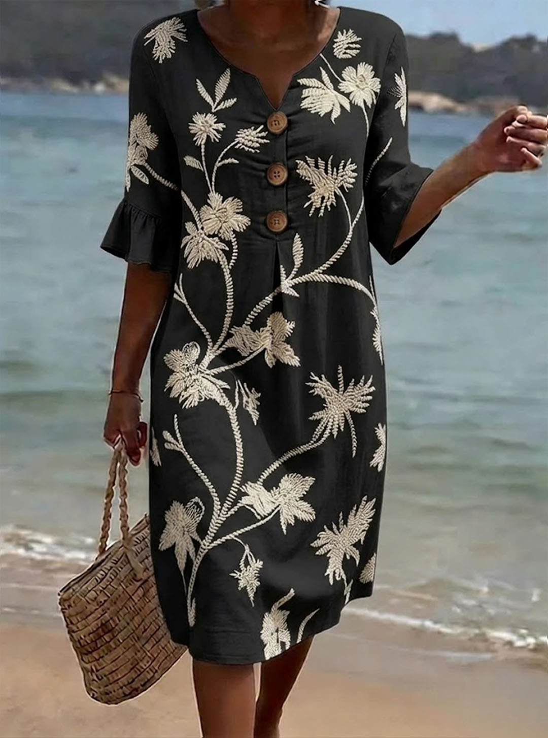 Abito donna in cotone floreale con maniche 3/4