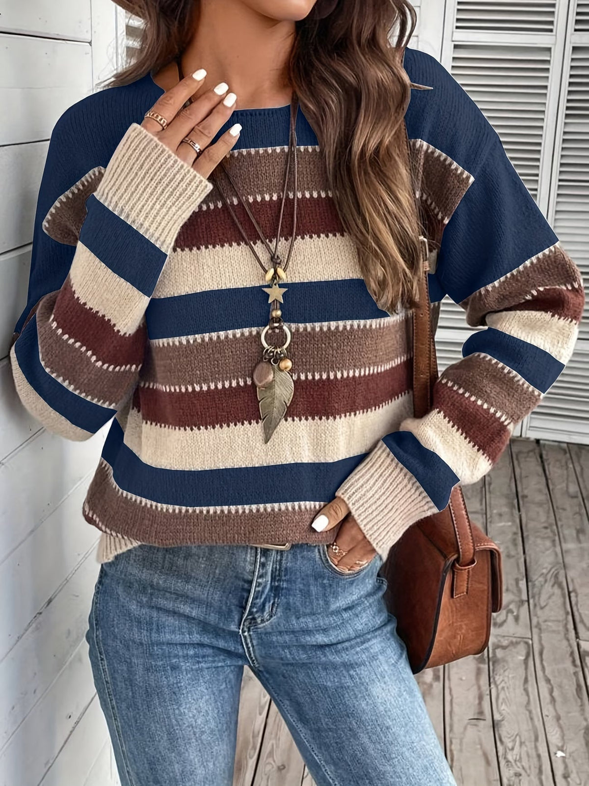 Maglione donna a righe colorblock con girocollo e maniche lunghe