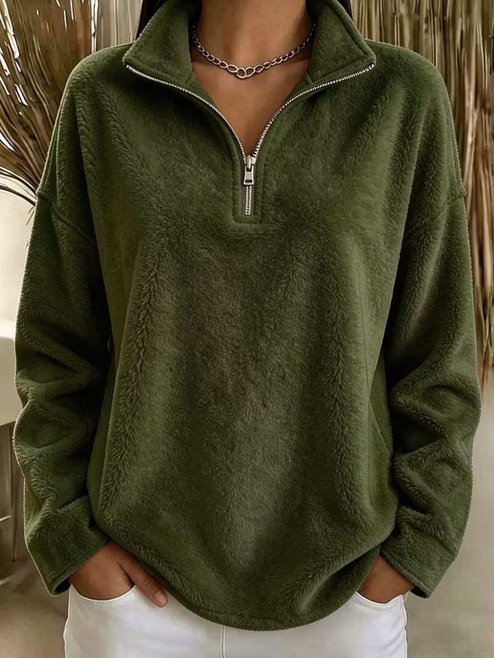 Felpa donna effetto peluche con collo alto e zip corta