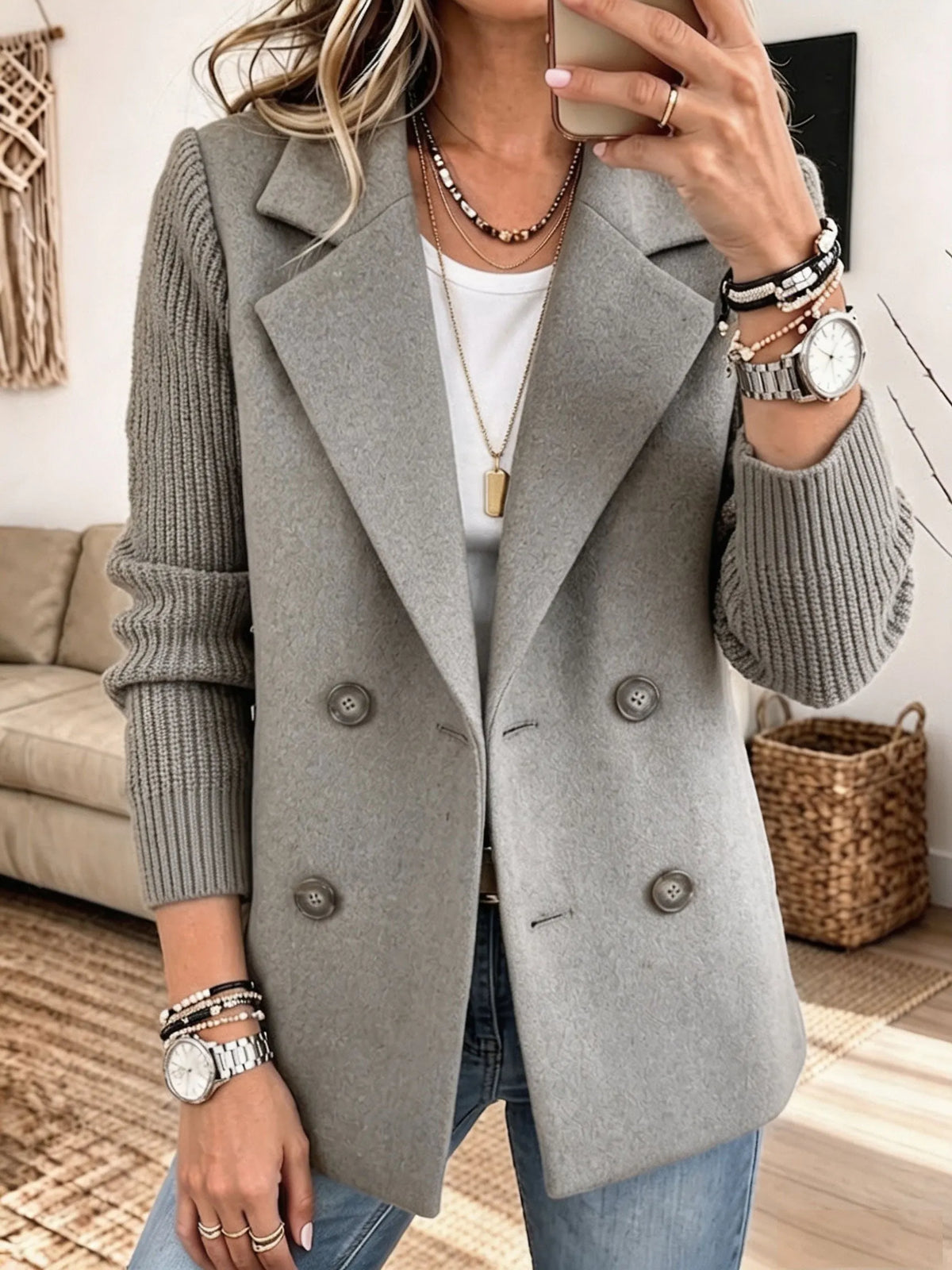 Giacca donna elegante con maniche in maglia a coste e bottoni