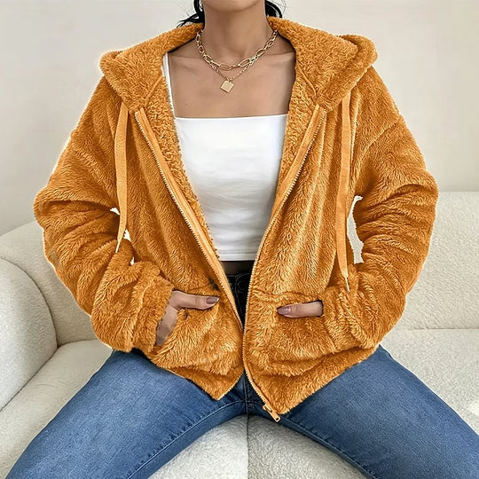 Giacca donna effetto teddy con cappuccio e zip frontale