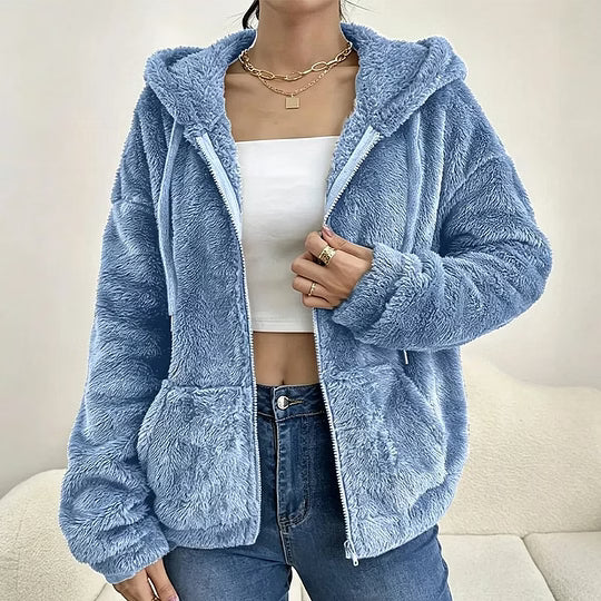 Giacca donna effetto teddy con cappuccio e zip frontale