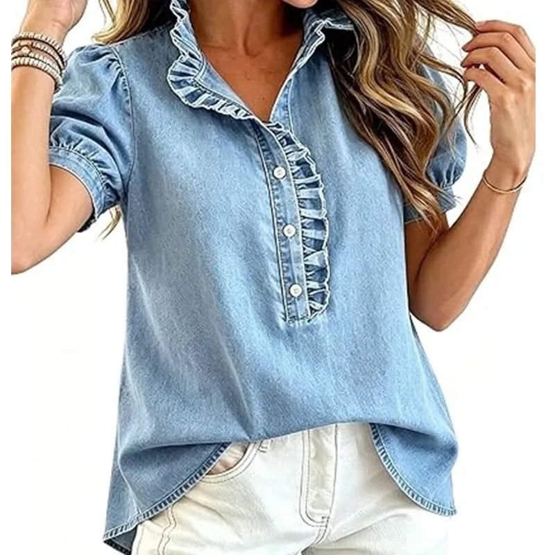 Top donna in denim con volant e maniche a sbuffo