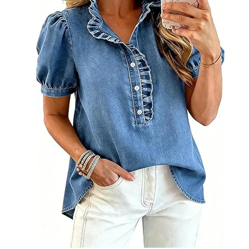 Top donna in denim con volant e maniche a sbuffo