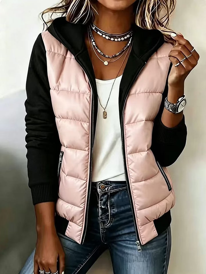 Giacca trapuntata donna bicolore con cappuccio e zip