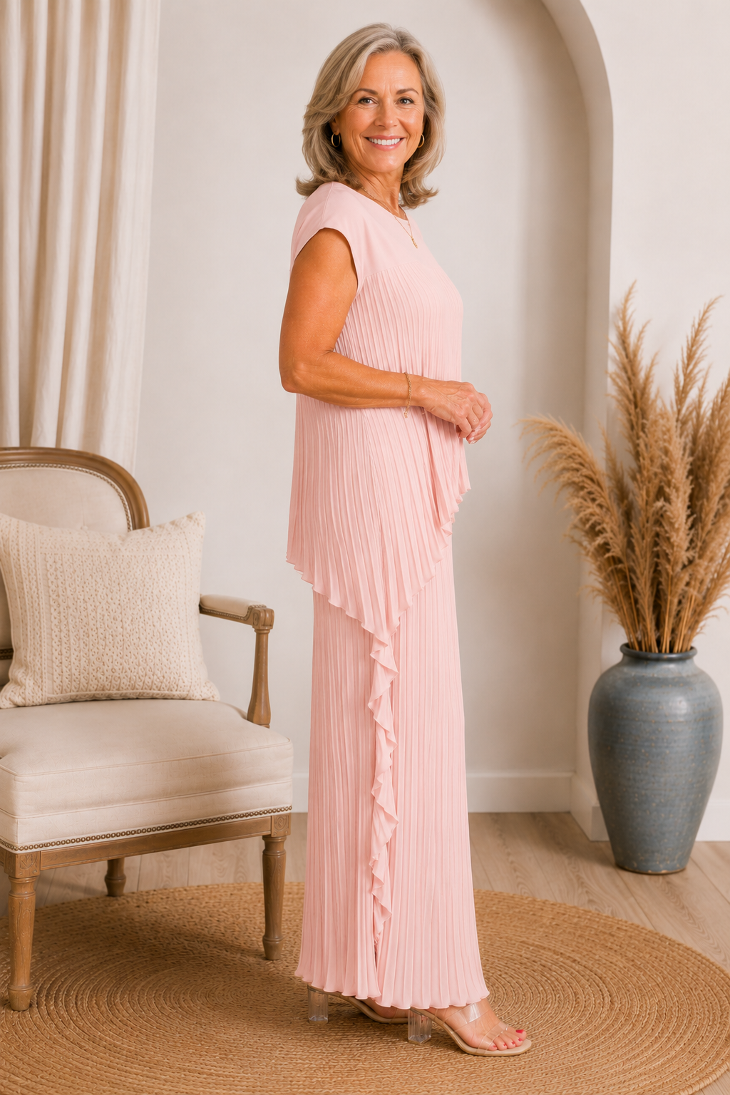 Completo donna plissettato con top asimmetrico e pantaloni larghi
