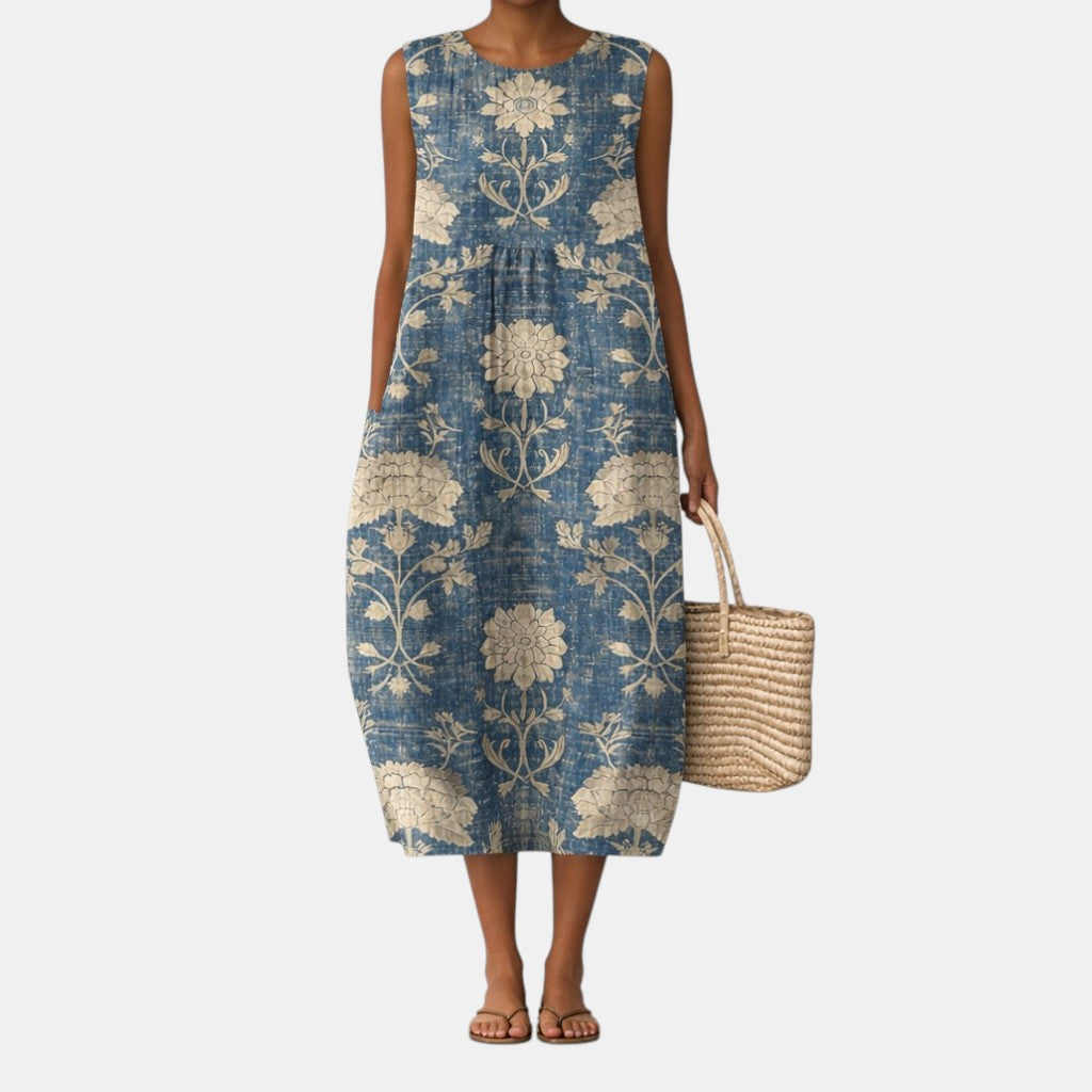 Abito midi donna smanicato in cotone viscosa con motivo floreale classico