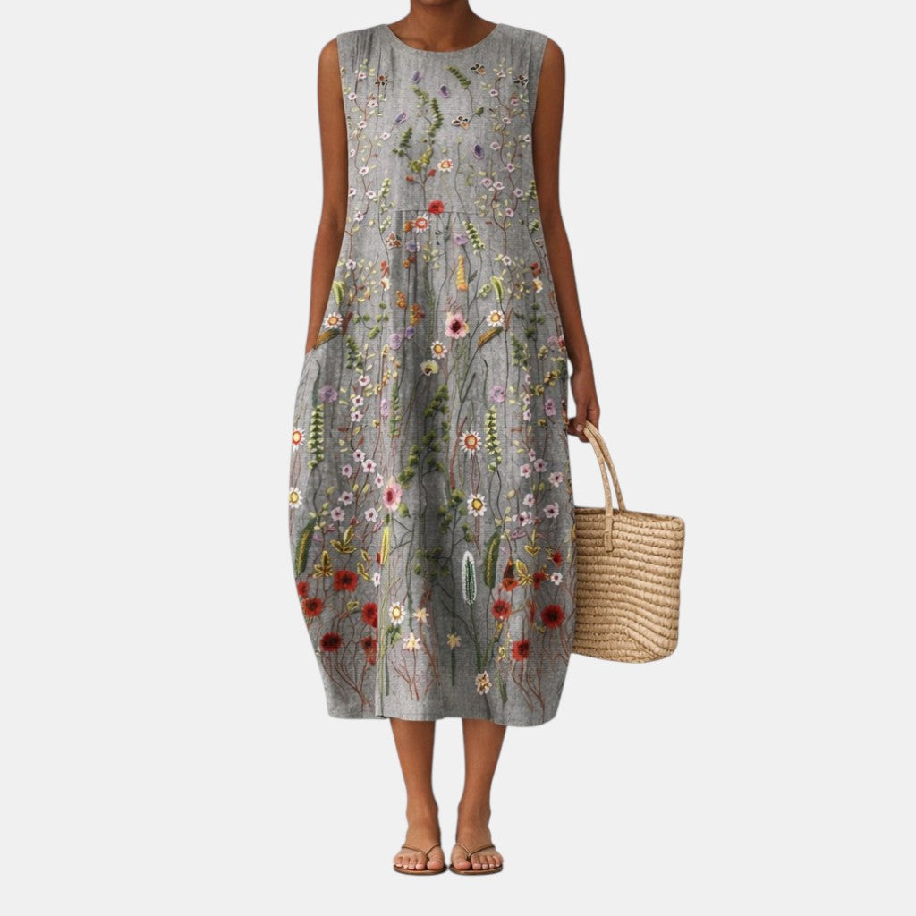 Abito midi donna in cotone viscosa con ricamo floreale