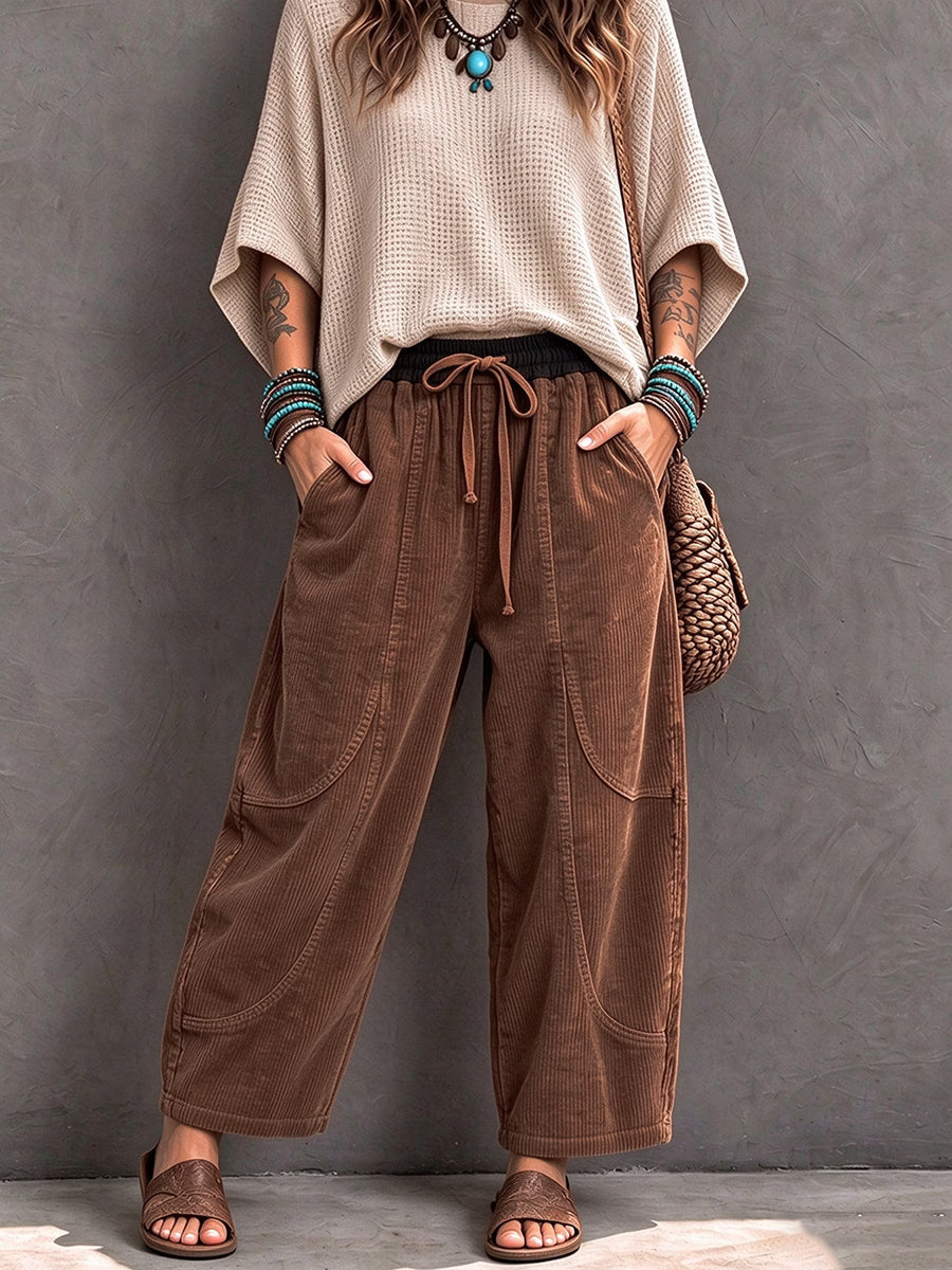 Pantaloni harem donna in velluto a coste con vita elastica