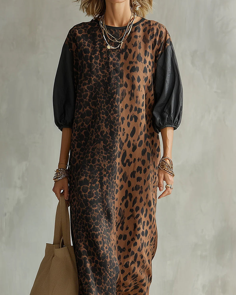 Vestito donna leopardato fluido con maniche a sbuffo