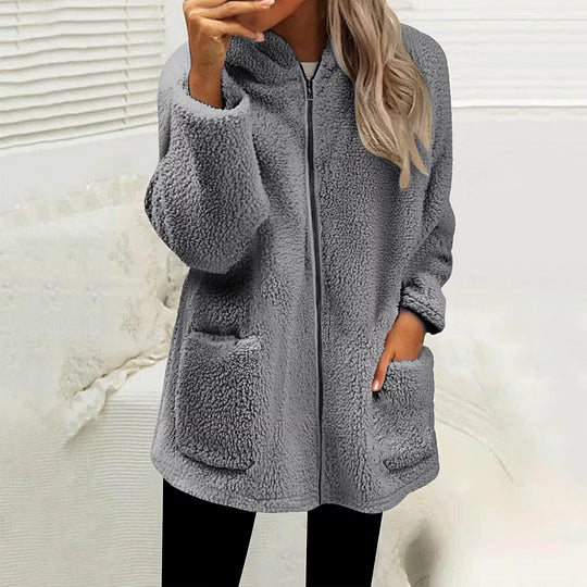 Giacca teddy da donna con zip e tasche applicate