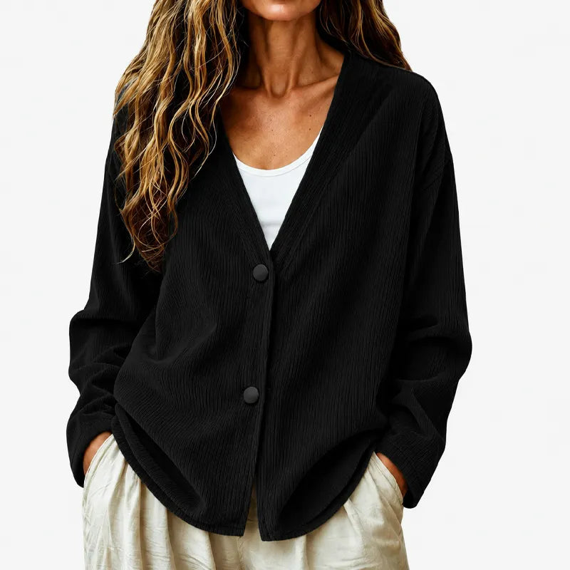 Cardigan donna a coste con scollo a V e bottoni