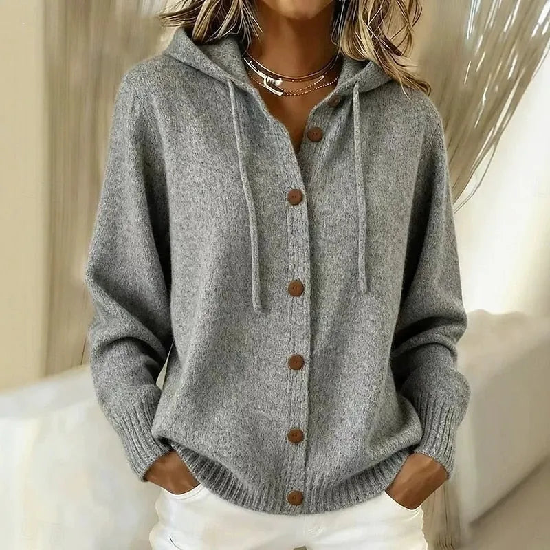 Cardigan donna con cappuccio in maglia morbida e bottoni