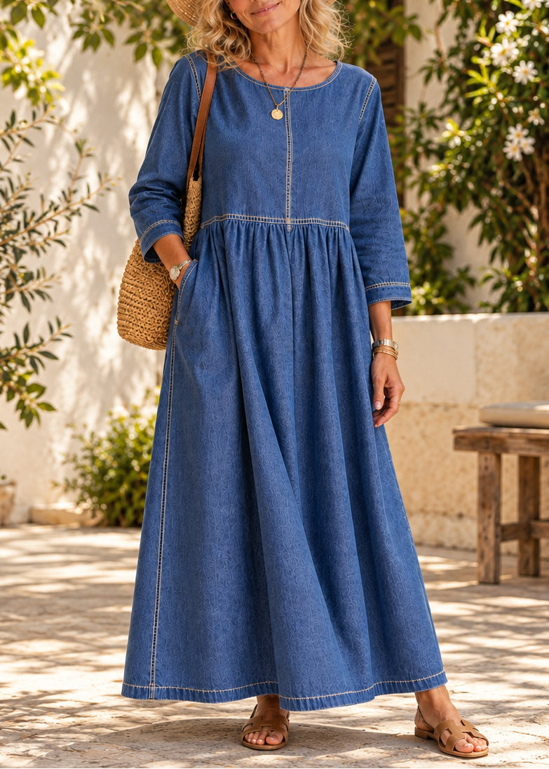 Abito lungo donna effetto denim con cuciture a contrasto e tasche