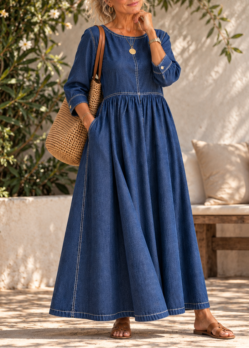 Abito lungo donna effetto denim con cuciture a contrasto e tasche