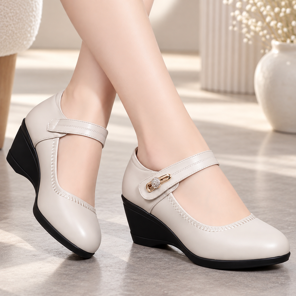 Scarpe donna con zeppa, cinturino e punta arrotondata