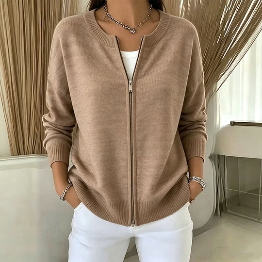 Cardigan donna in maglia con zip e collo rotondo