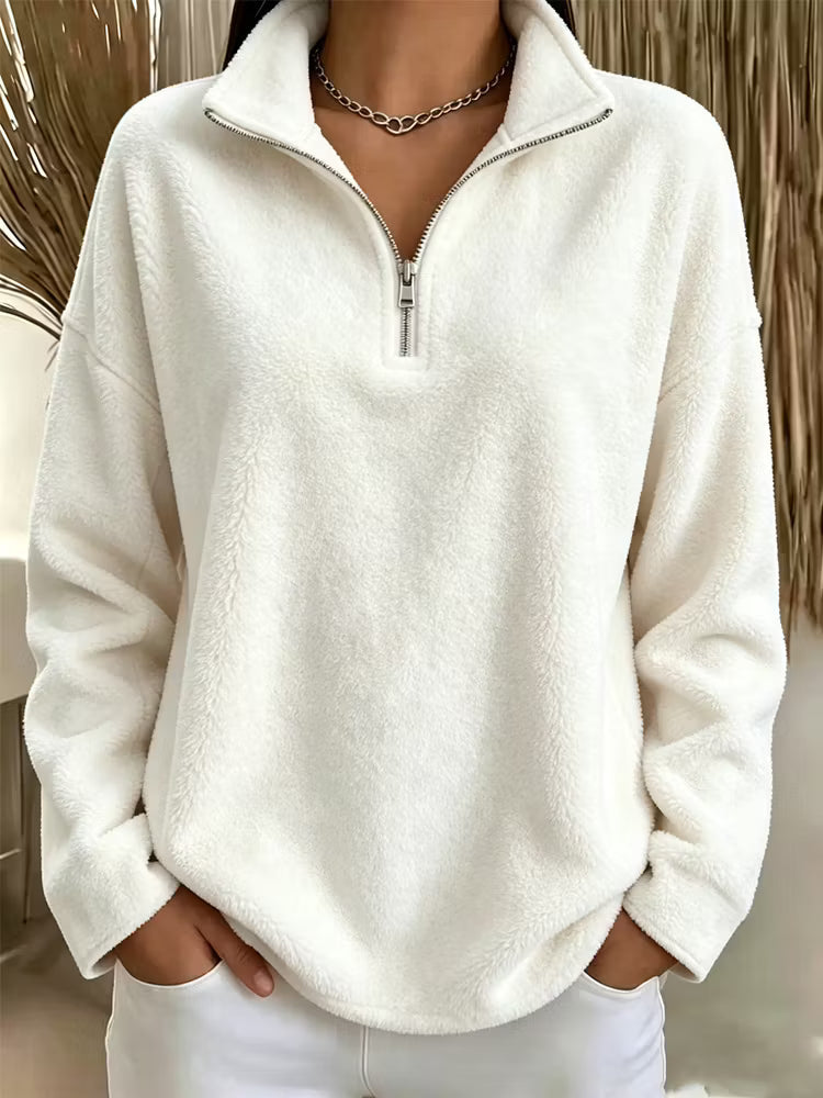 Felpa donna effetto peluche con collo alto e zip corta