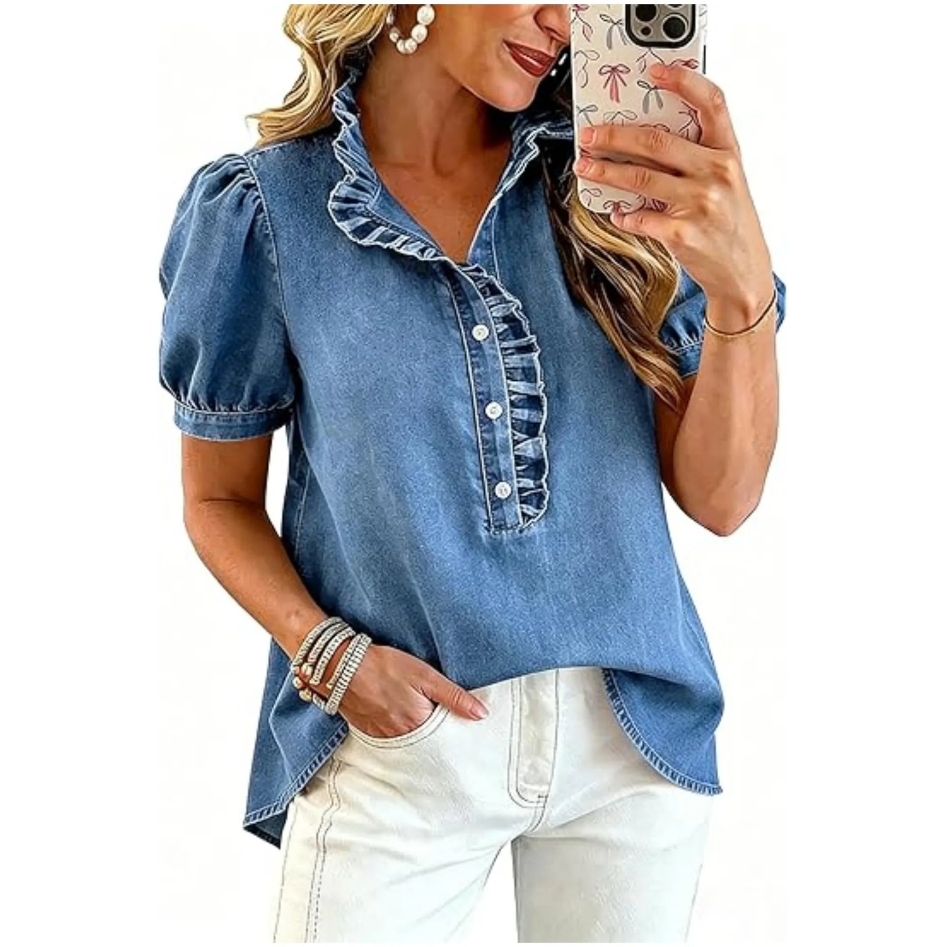 Top donna in denim con volant e maniche a sbuffo