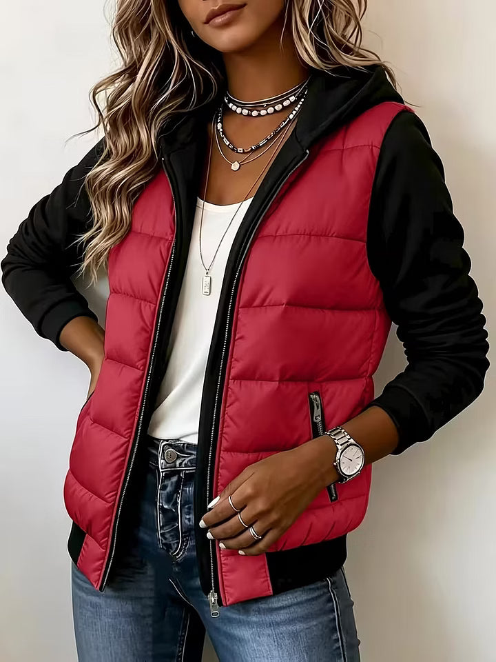 Giacca trapuntata donna bicolore con cappuccio e zip
