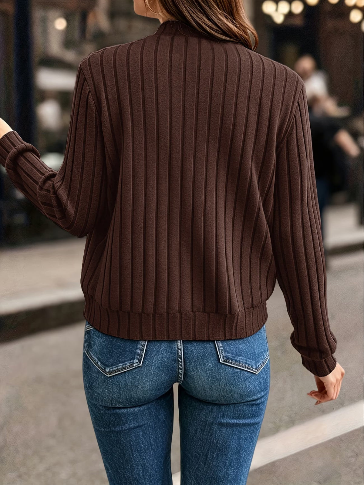 Cardigan donna a coste con zip frontale e maniche lunghe