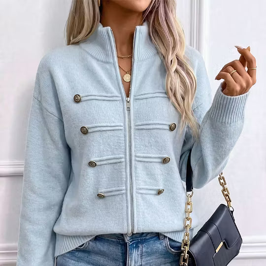 Cardigan donna in maglia con collo alto, zip e bottoni decorativi