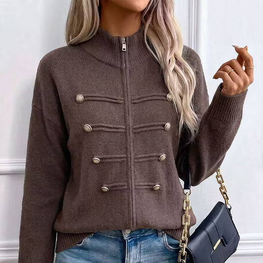 Cardigan donna in maglia con collo alto, zip e bottoni decorativi