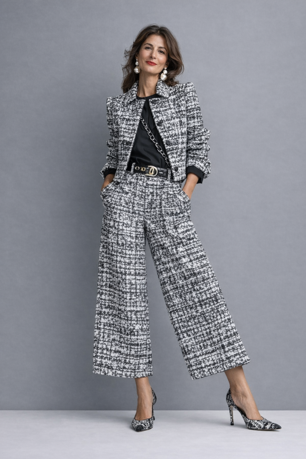 Completo donna in tweed con giacca corta e pantaloni larghi