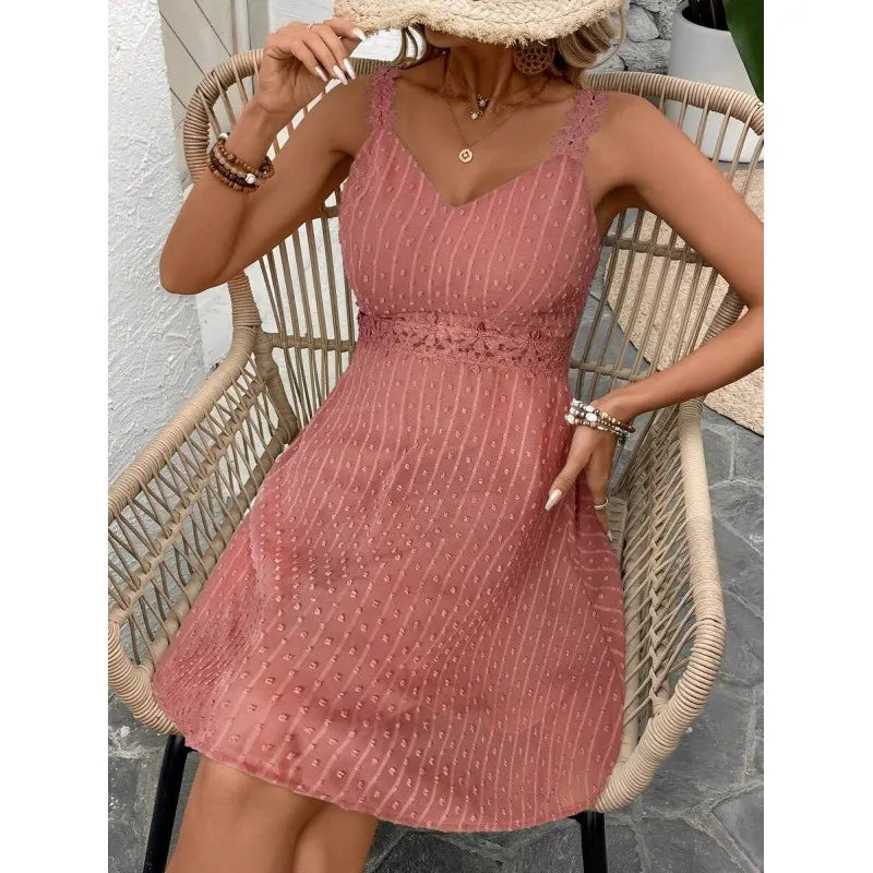 Abito mini donna plumetis con spalline in pizzo
