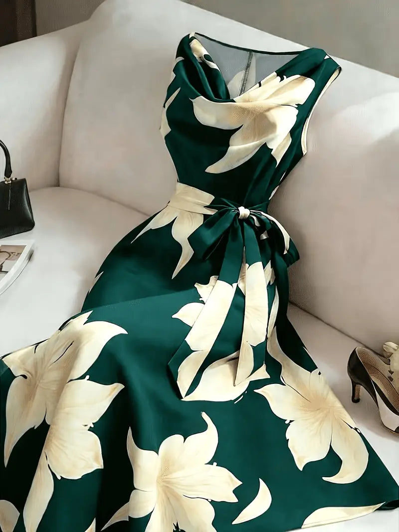 Abito donna midi floreale senza maniche con vita annodata