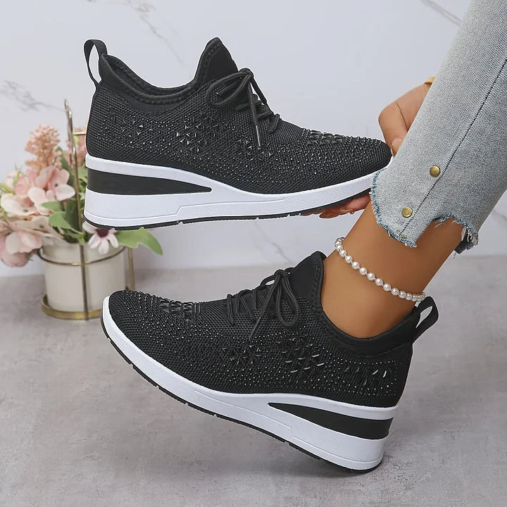 Sneakers donna con zeppa scintillante e rete traspirante