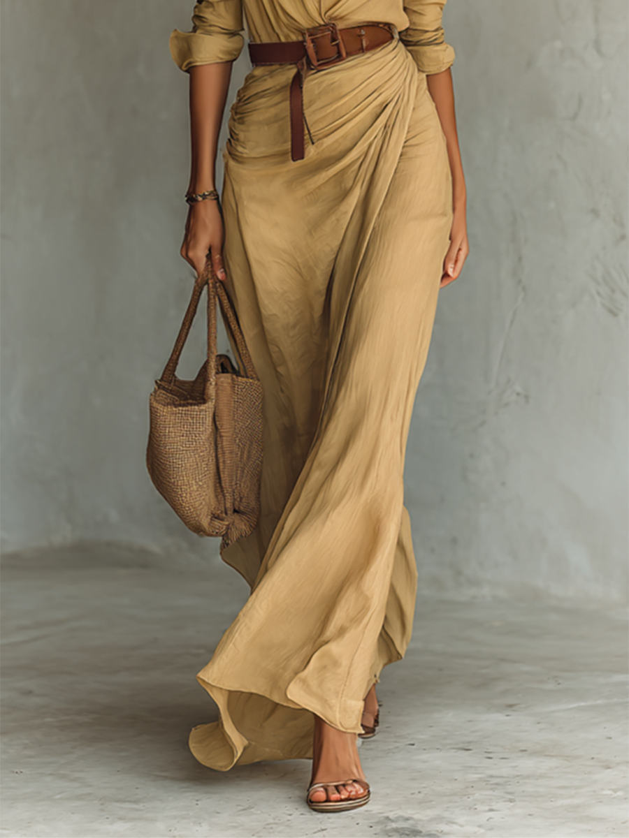 Abito maxi donna stile camicia con cintura in vit