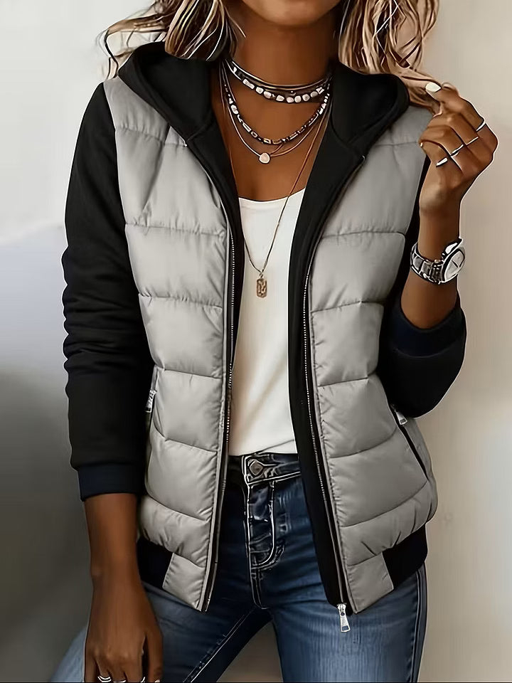 Giacca trapuntata donna bicolore con cappuccio e zip