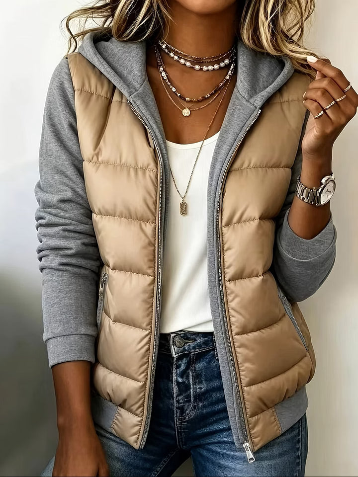 Giacca trapuntata donna bicolore con cappuccio e zip