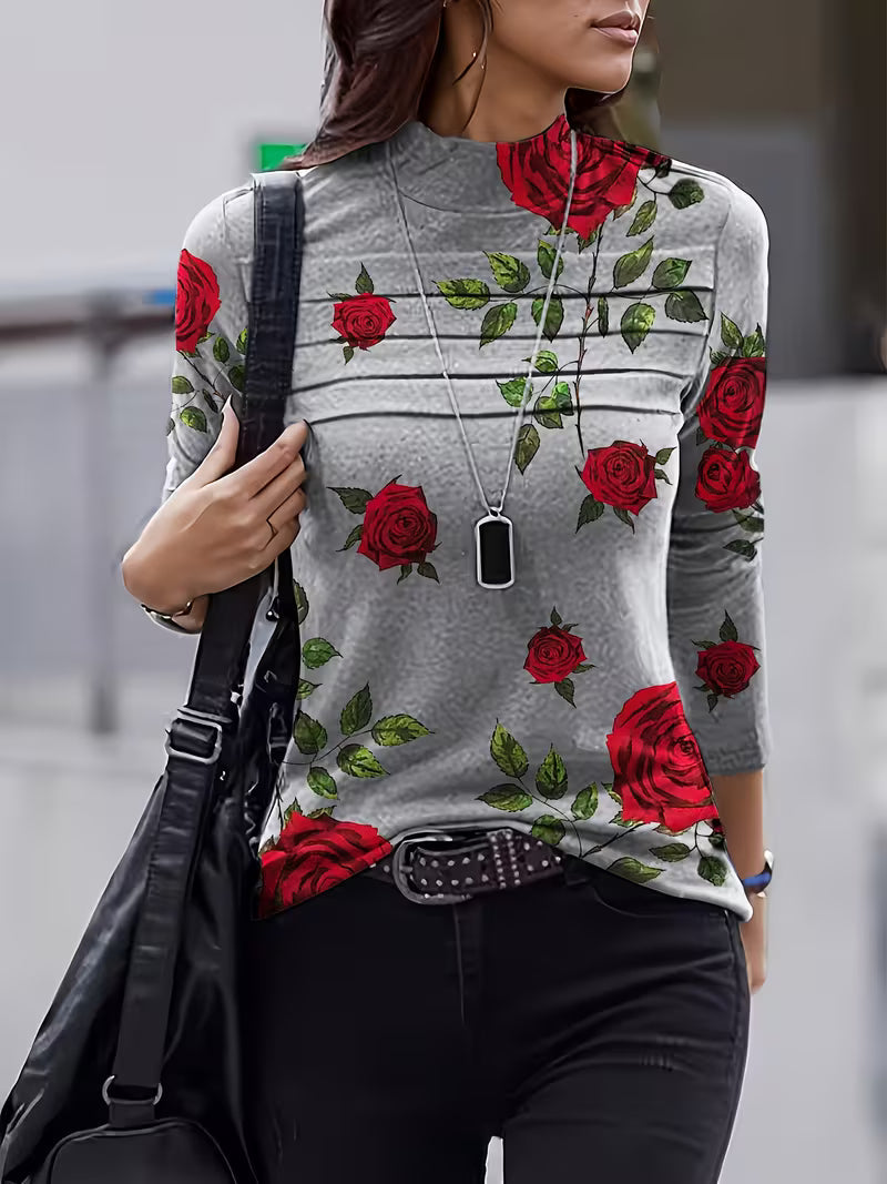 Top donna floreale in lana con collo alto e maniche tre quarti