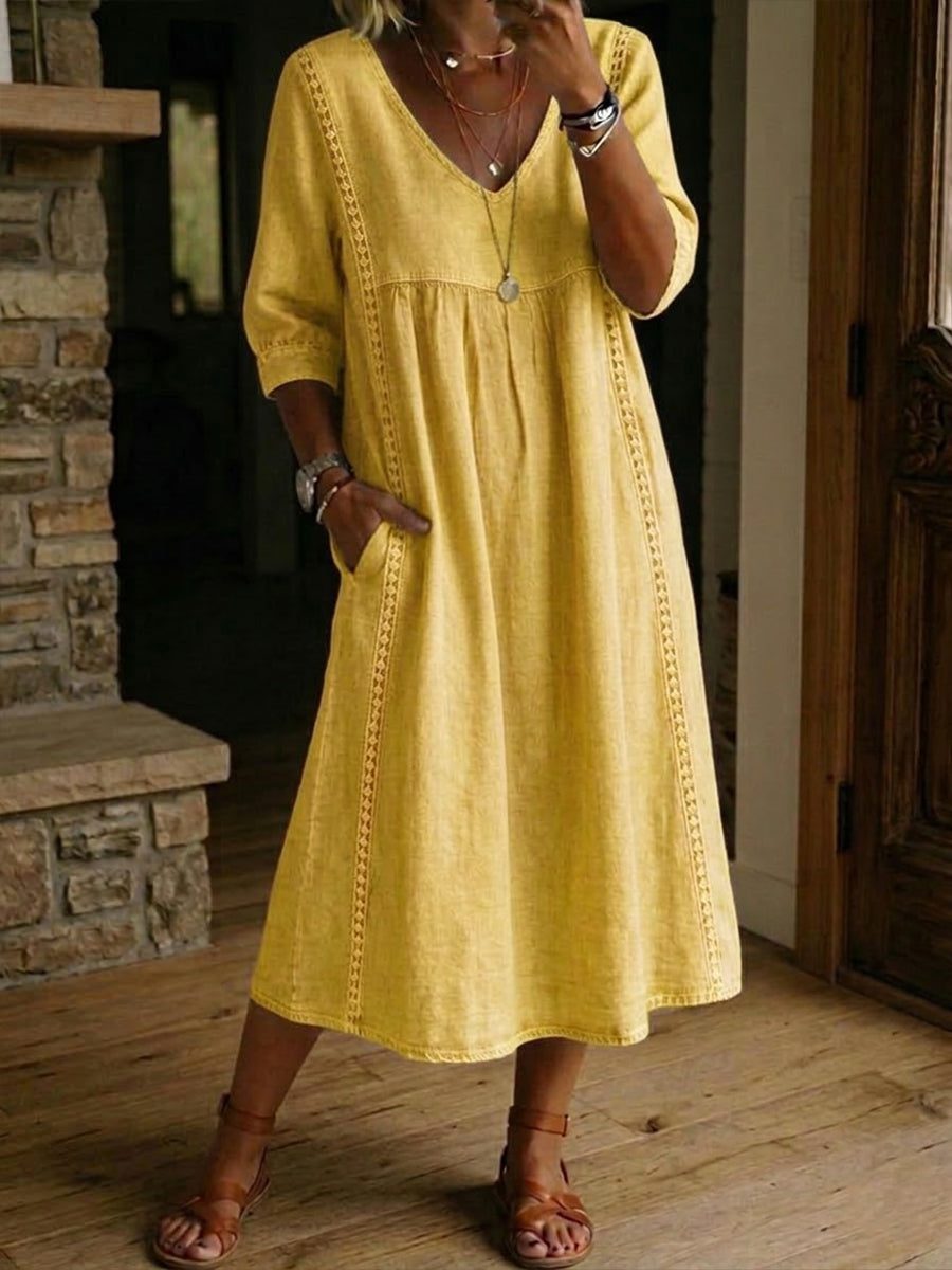 Abito midi donna in cotone lino con pizzo e tasche