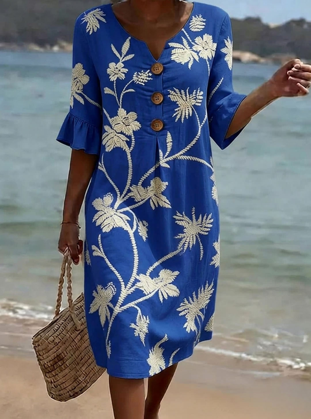 Abito donna in cotone floreale con maniche 3/4