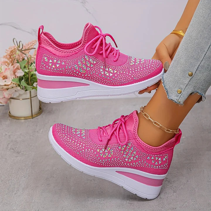 Sneakers donna con zeppa scintillante e rete traspirante