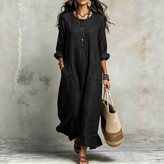 Abito maxi donna fluido con bottoni frontali e tasche