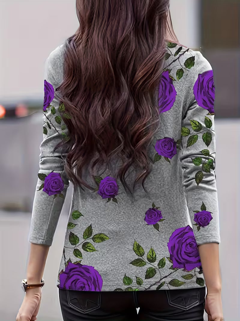 Top donna floreale in lana con collo alto e maniche tre quarti