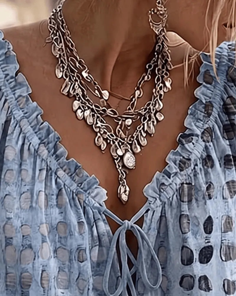 Blusa donna boho a pois con scollo a V e laccio